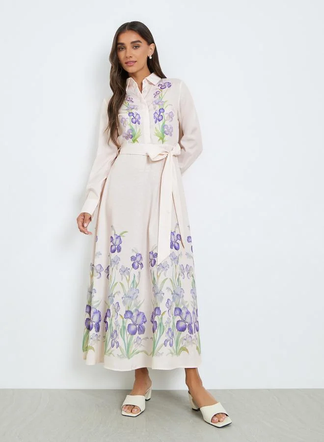 Styli Women Peach Floral Print Long Sleeve A-Line Maxi Dress